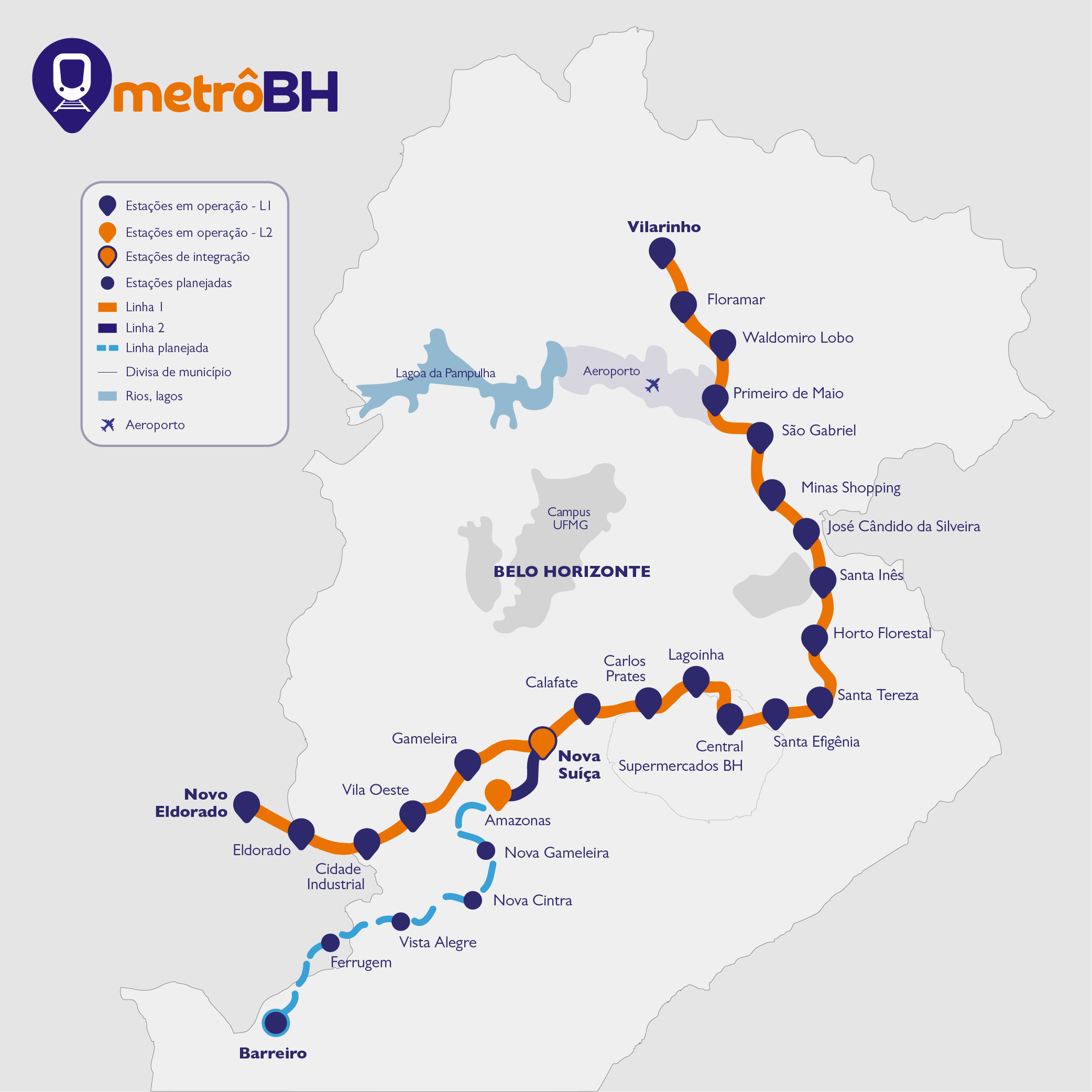 Mapa dos trechos de operação do Metrô BH em setembro de 2026.